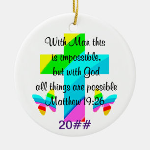PRETTY CROSS AND RAINBOW MATTHEW 19:26 DESIGN CERAMIC ORNAMENT