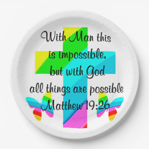 PRETTY CROSS AND RAINBOW MATTHEW 19:26 DESIGN PAPER PLATES