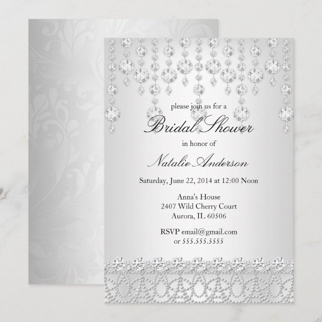 Pretty Crystal Bridal Shower Silver Gray White Invitation (Front/Back)