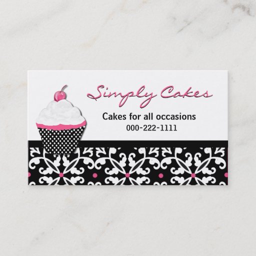 Customizable Pretty Cupcake and Damask Bakery Business Card
