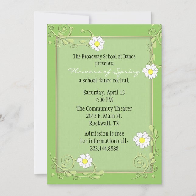 Pretty Custom Green Floral Recital Invitation (Front)