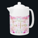 Pretty Custom Name Floral Pink and Gold   Teapot<br><div class="desc">Gorgeous floral design in pink and white with gold trim. This adorable feminine design is stylish, feminine and totally luxe. Includes the option to change TEA TIME to any text you wish for a truly personalized touch. The pretty flowers in soft pastel colors are sure to brighten your day. A...</div>