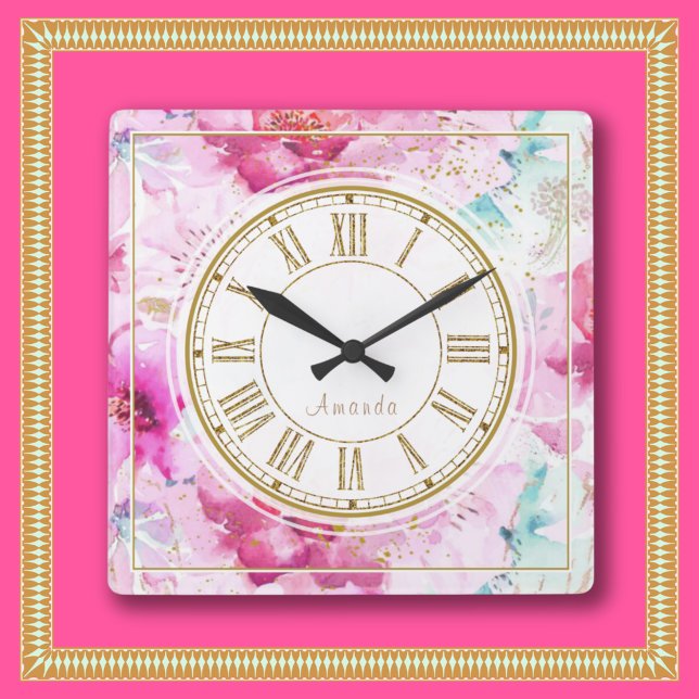 Pretty Custom Name Floral Pink Gold White Square Wall Clock (Custom Wall Clock Pretty Pink Gold White Blue from the Loud and Sassy store. Cute, Girly, Chic Luxe.)