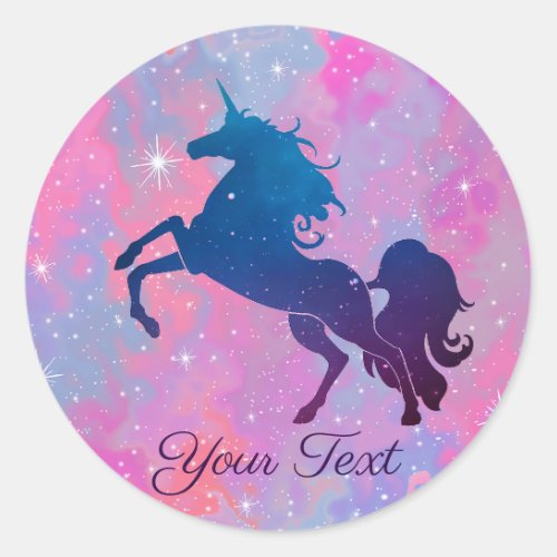 Pretty Custom Text PinkPurple Galaxy Unicorn Classic Round Sticker