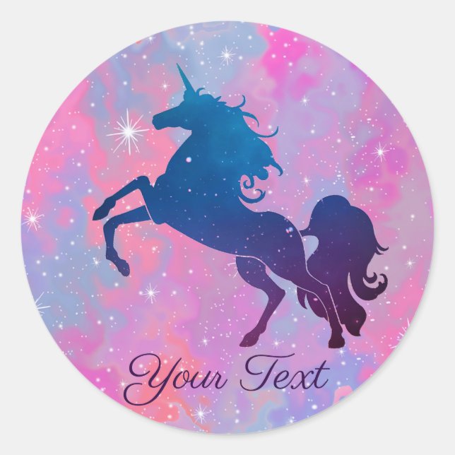 Pretty Custom Text Pink/Purple Galaxy Unicorn Classic Round Sticker (Front)