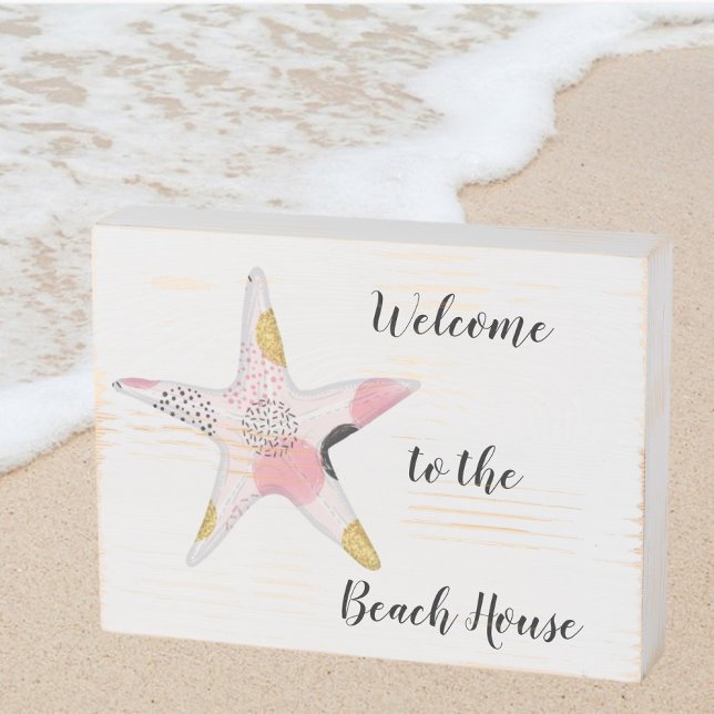 Pretty Cute Abstract Starfish Beach House  Wooden Box Sign (Creator Uploaded)