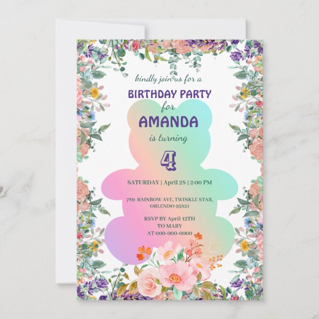 Pretty cute Bear flora gradient  Birthday Party Invitation (Front)
