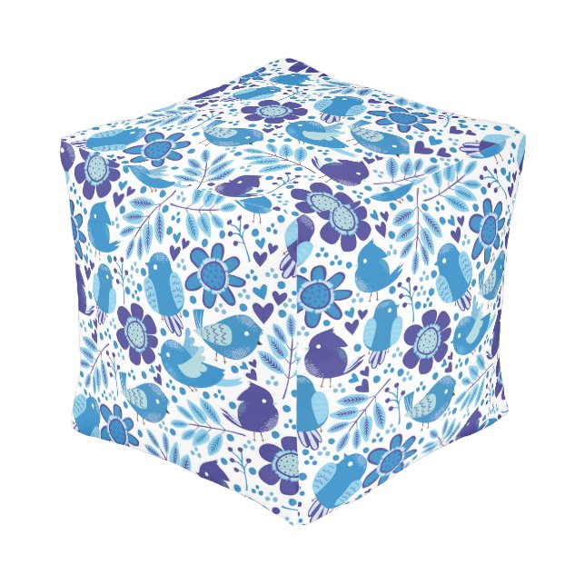 Pretty Cute Blue floral and Bird Pattern All Over Pouf (Angled Front)