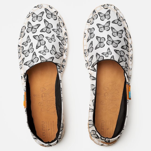  Pretty Cute Elegant Black White Butterfly Pattern Espadrilles (Front)