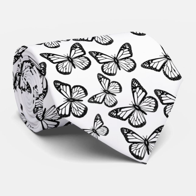  Pretty Cute Elegant Black White Butterfly Pattern Neck Tie (Rolled)