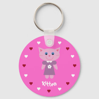 Pretty & Cute Kitten & Hearts Customizable Pink Keychain