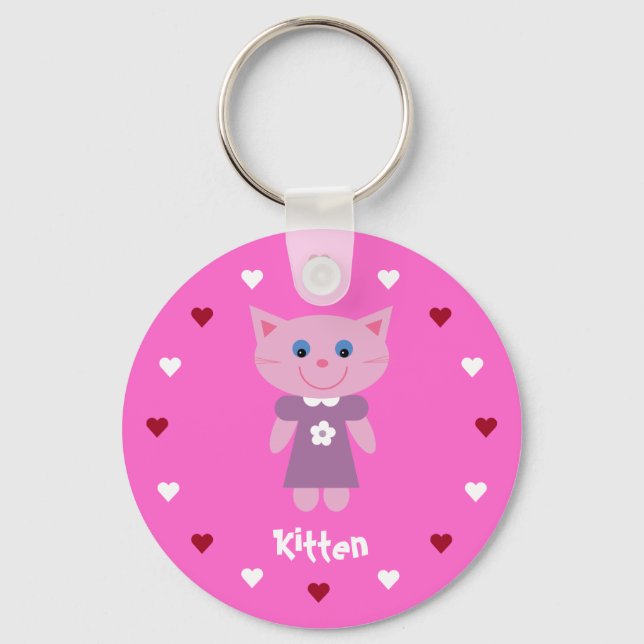 Pretty & Cute Kitten & Hearts Customizable Pink Keychain (Front)