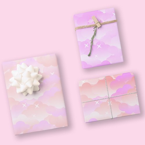 Pretty Cute Pastel Pink Aesthetic Cloud Stars Wrapping Paper Sheets