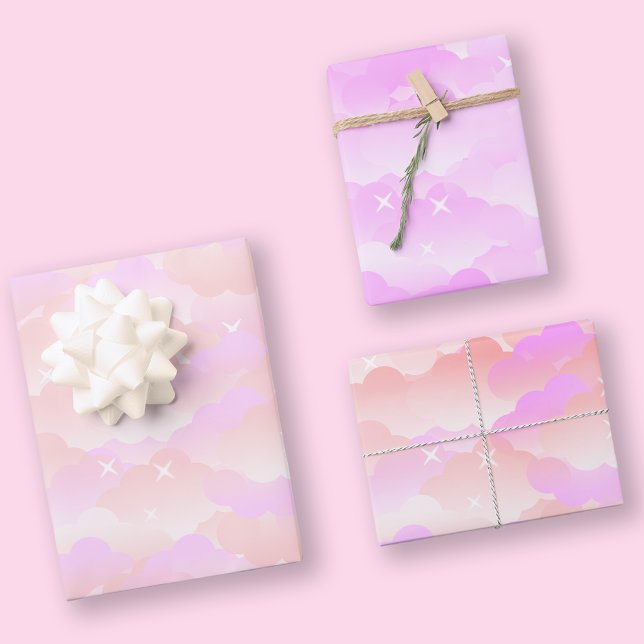 Pretty Cute Pastel Pink Aesthetic Cloud Stars Wrapping Paper Sheets (Creator Uploaded)