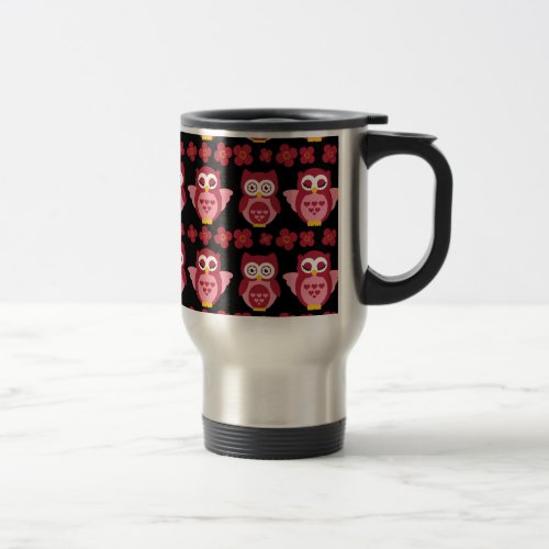 Pretty Cute Pink Owls and Flowers Pattern Black Travel Mug