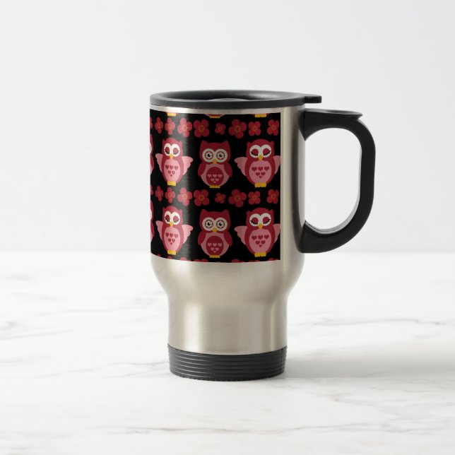 Pretty Cute Pink Owls and Flowers Pattern Black Travel Mug (Right)