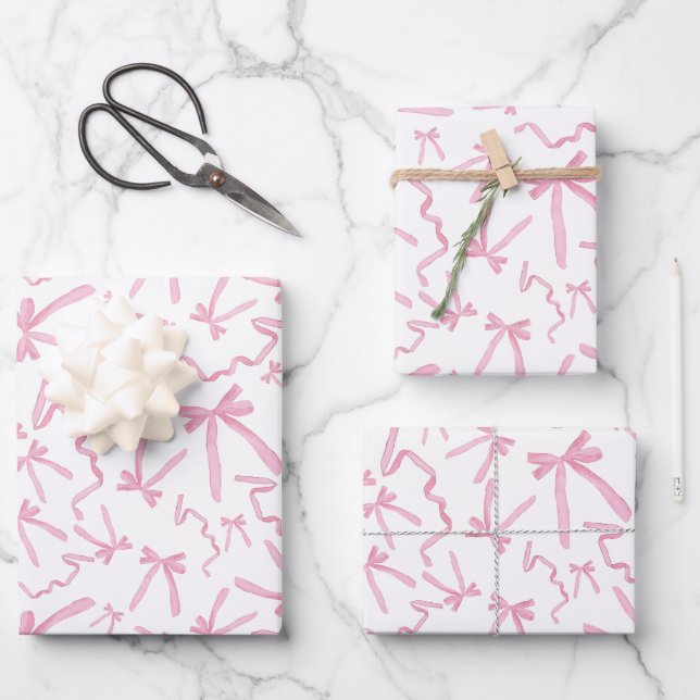Pretty Cute Pink Ribbon bows Pattern Gift Wrapping Paper Sheets (Front)