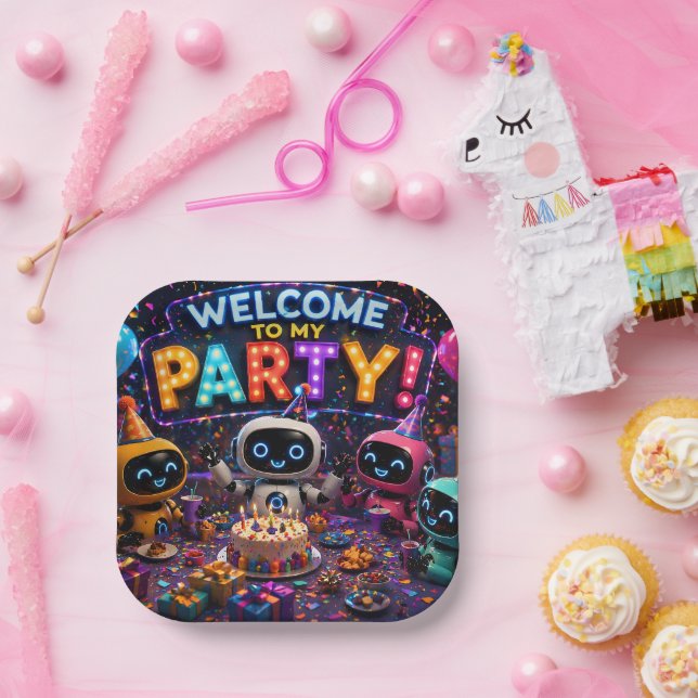 Pretty cute robots, large party plate (Party)