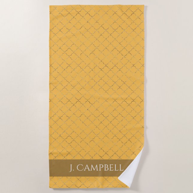 Pretty Daffodil  Gold Quatrefoil Personalized  Beach Towel (Front)