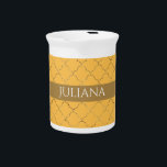 Pretty Daffodil  Gold Quatrefoil Personalized  Beverage Pitcher<br><div class="desc">Pretty daffodil yellow background with gold quatrefoil pattern overlay.  Personalize with center text band</div>
