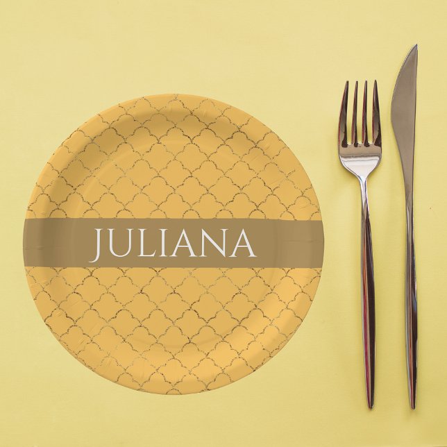 Pretty Daffodil  Gold Quatrefoil Personalized  Paper Plates (Creator Uploaded)