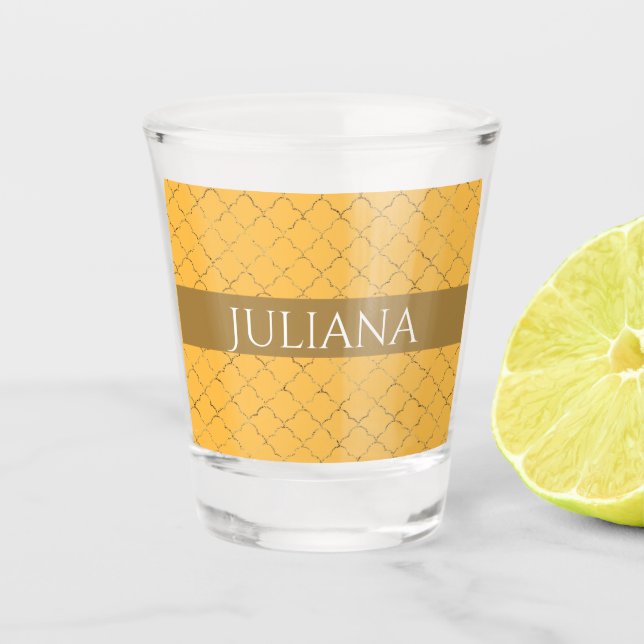 Pretty Daffodil  Gold Quatrefoil Personalized  Shot Glass (Front)