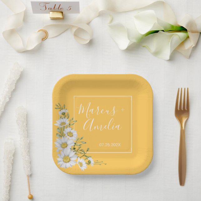 Pretty Daffodil Yellow & White Daisies Wedding  Paper Plates (Wedding)