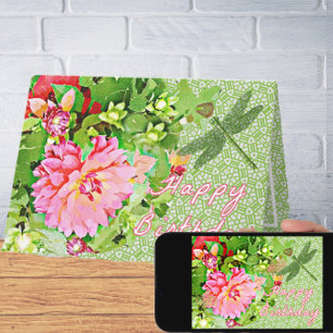 Pretty Dahlia Blooms and Dragonfly Happy Birthday Card