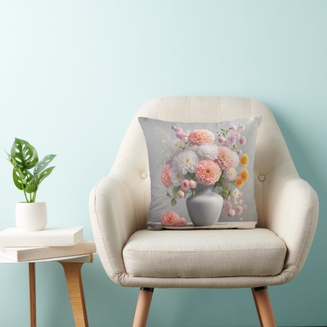 Pretty Dahlia Bouquet In Gray Vase Throw Pillow (Chair)