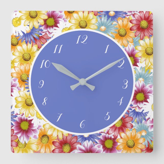 Pretty Dainty Colorful Daisies Floral Flowers Square Wall Clock (Front)