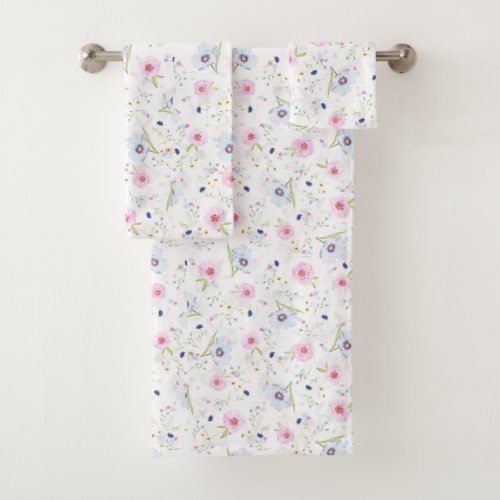 Pretty Dainty Pink Blue Flowers Floral Pattern Bath Towel Set