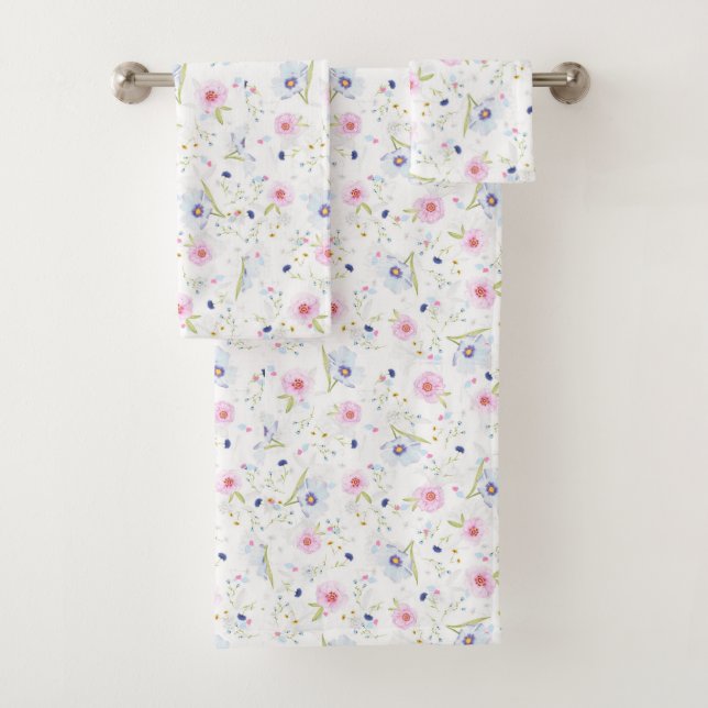 Pretty Dainty Pink Blue Flowers Floral Pattern Bath Towel Set (Insitu)