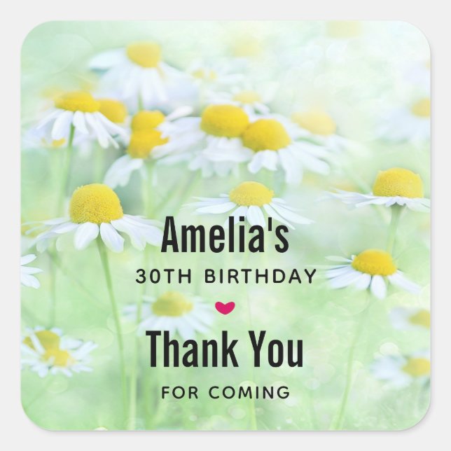 Pretty Daisies in a Field Birthday Thank You Square Sticker (Front)