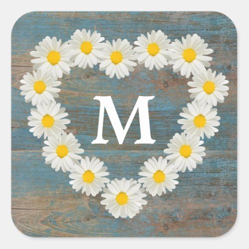 Pretty Daisies Monogram Rustic Blue Wood Square Sticker