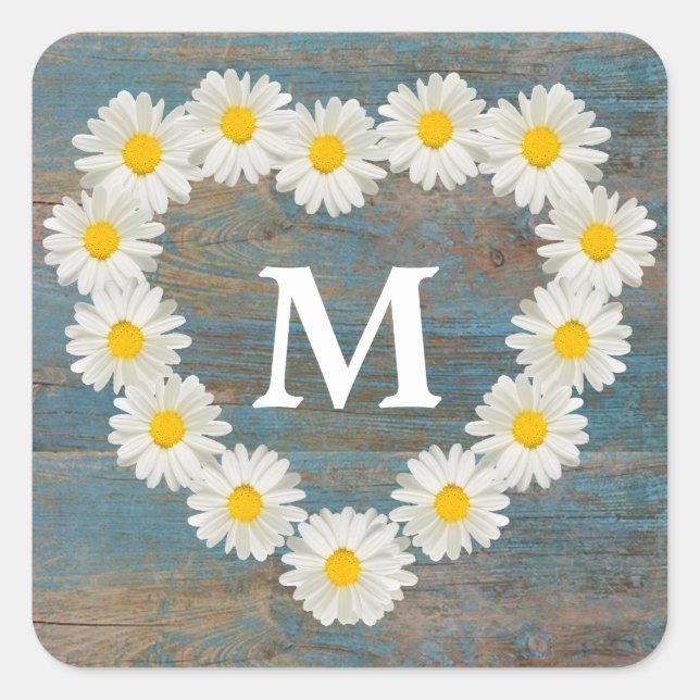 Pretty Daisies Monogram Rustic Blue Wood Square Sticker (Front)