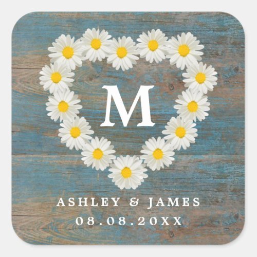 Pretty Daisies Monogram Wedding Blue Wood Square Sticker