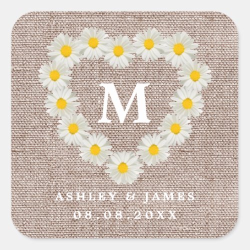 Pretty Daisies Monogram Wedding Burlap Square Sticker