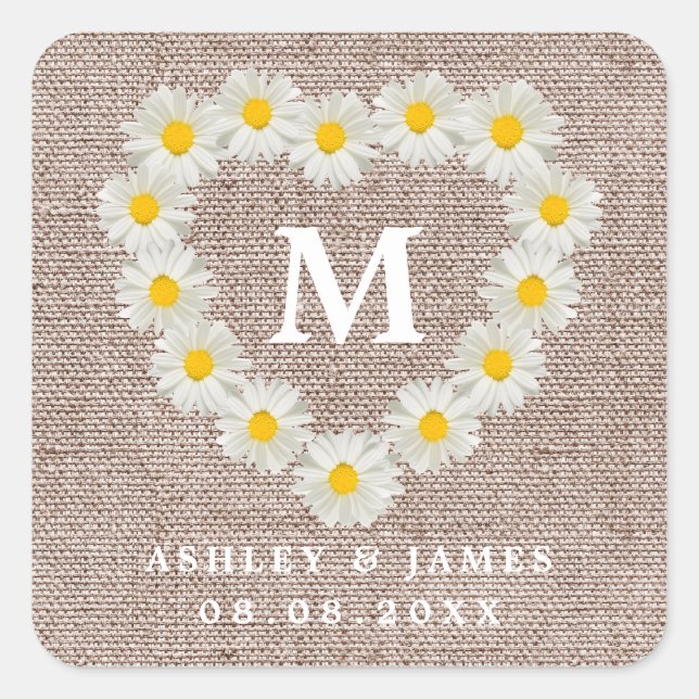 Pretty Daisies Monogram Wedding Burlap Square Sticker (Front)