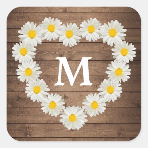 Pretty Daisies Monogram Wedding Rustic Wood Square Sticker