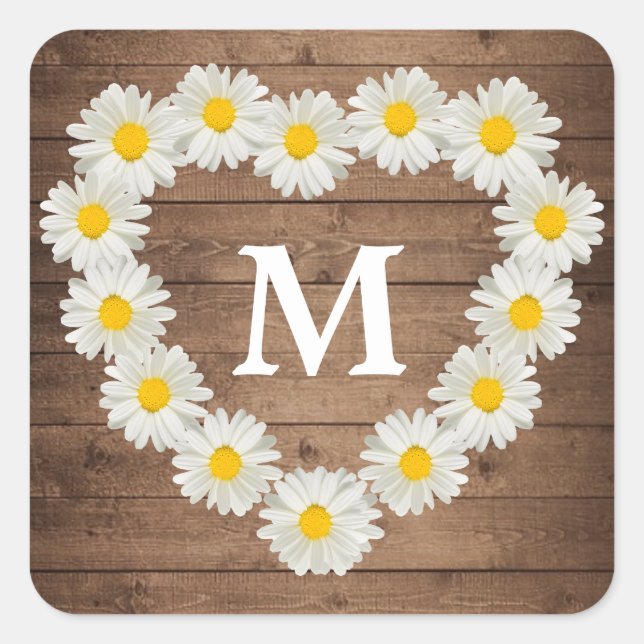 Pretty Daisies Monogram Wedding Rustic Wood Square Sticker (Front)