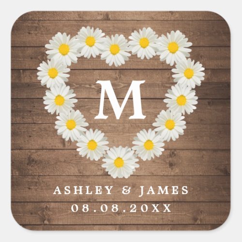 Pretty Daisies Monogram Wedding Rustic Wood Square Sticker
