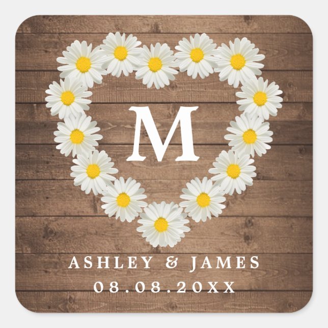 Pretty Daisies Monogram Wedding Rustic Wood Square Sticker (Front)