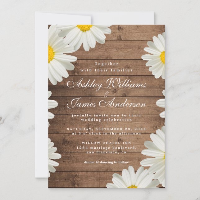Pretty Daisies Rustic Wood Floral Wedding Invitation (Front)