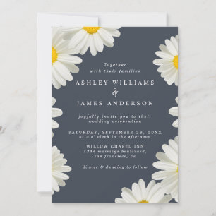 Pretty Daisies White Floral Dark Blue Wedding Invitation