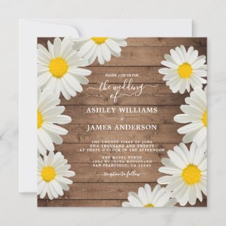 Pretty Daisies White Floral Rustic Wood Wedding Invitation
