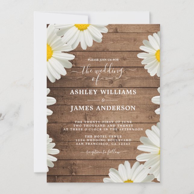 Pretty Daisies White Floral Rustic Wood Wedding Invitation (Front)