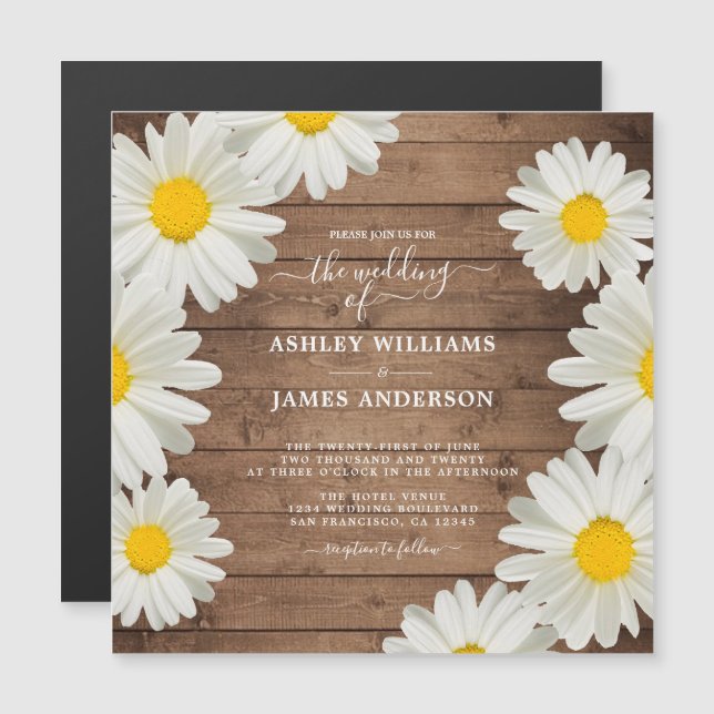 Pretty Daisies White Floral Rustic Wood Wedding Magnetic Invitation (Front/Back)