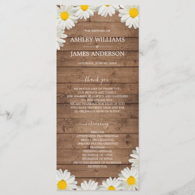 Pretty Daisies White Floral Rustic Wood Wedding Program (Front)