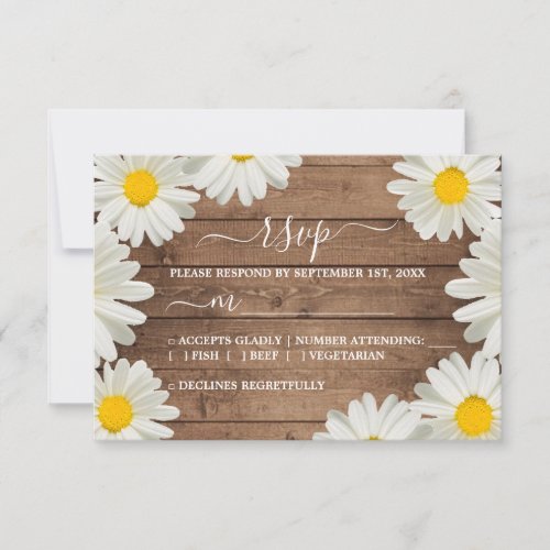 Pretty Daisies White Floral Rustic Wood Wedding RSVP Card