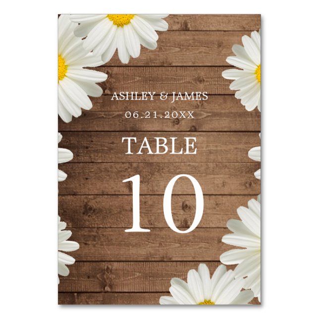 Pretty Daisies White Floral Rustic Wood Wedding Table Number (Front)